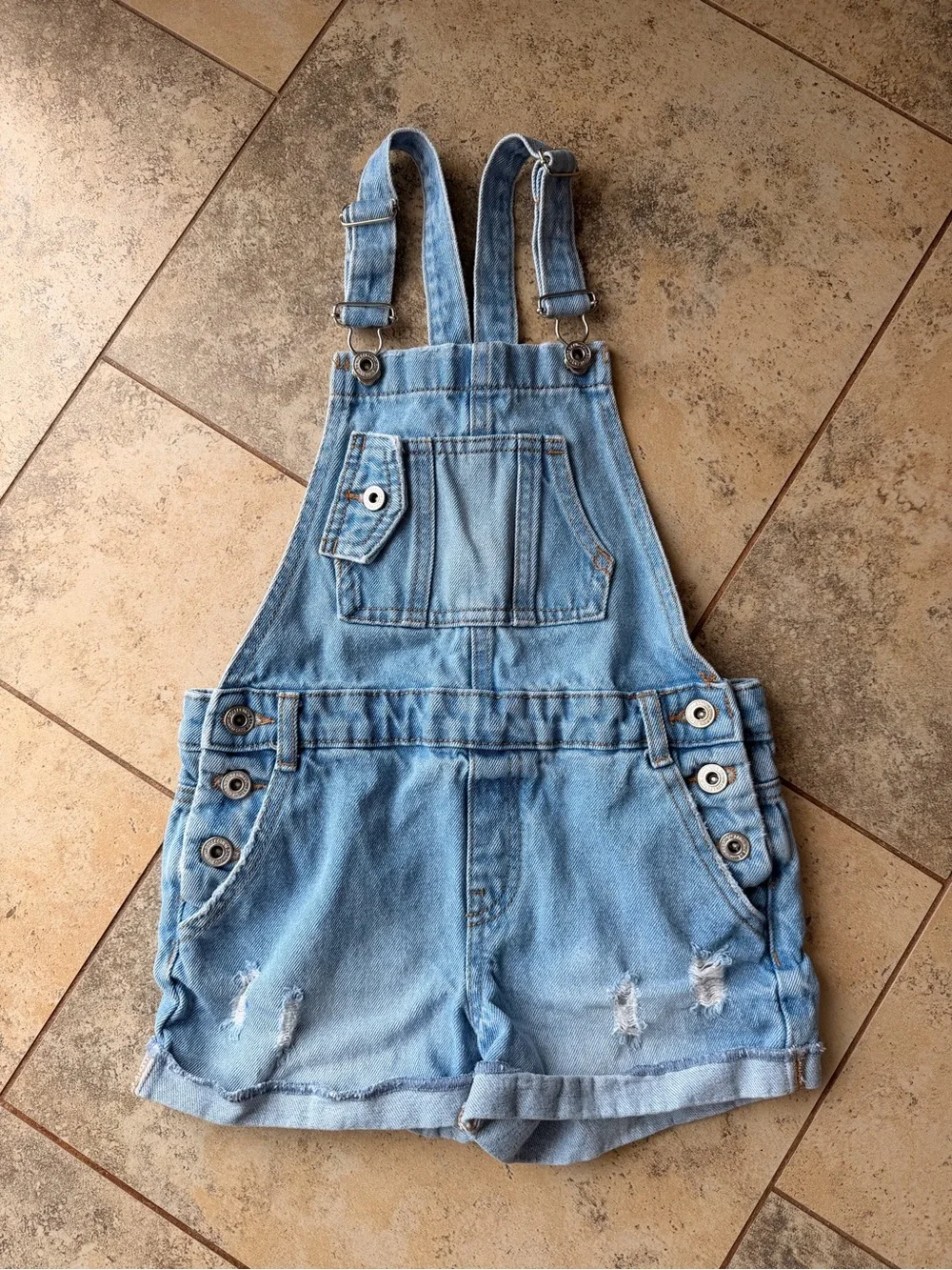 Zara Kids Girls Size 9 Distressed Denim Short Overalls Light Wash Shortalls